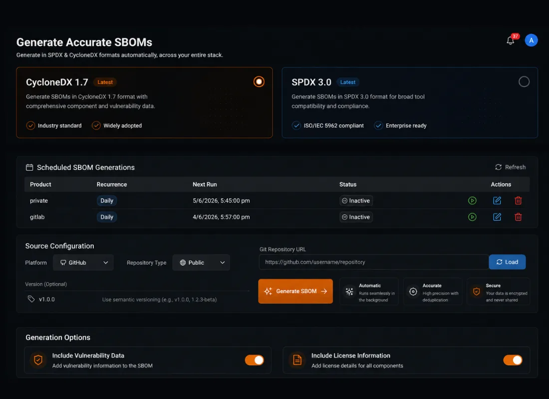 SBOM generation dashboard creating SPDX 3.0 and CycloneDX 1.7 software bills of materials.